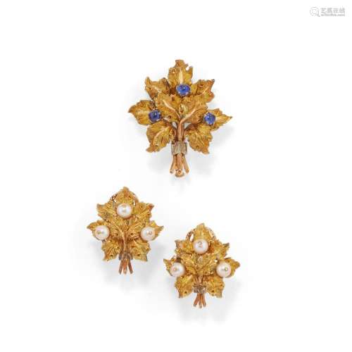18k yellow gold and gem-set Brooch and ear clips, buccellati