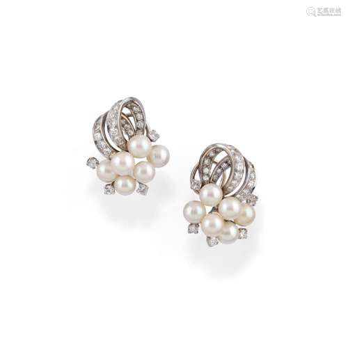 Pair of pearl and diamond ear clips, Tiffany & Co.