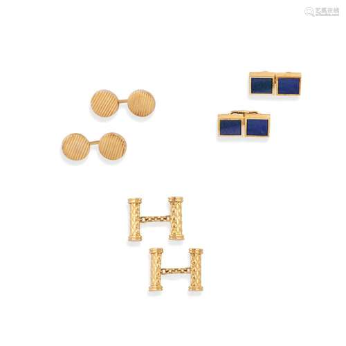 three pairs of 18k yellow gold and gem-set cufflinks