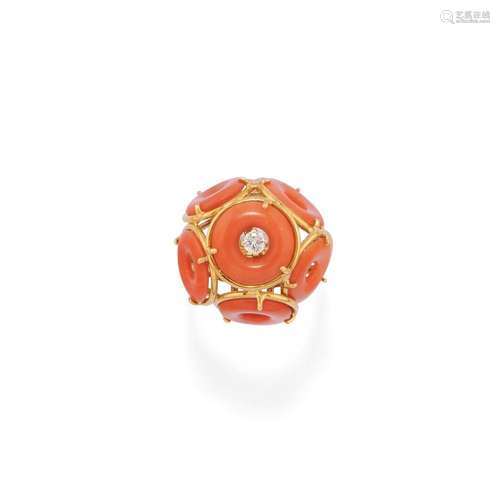 Red coral and diamond ring