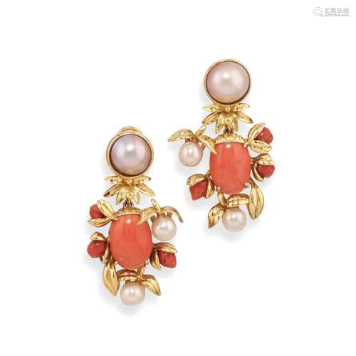 pair of pearl and red coral pendent earrings