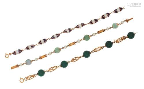 three 18k yellow gold and gem bracelets