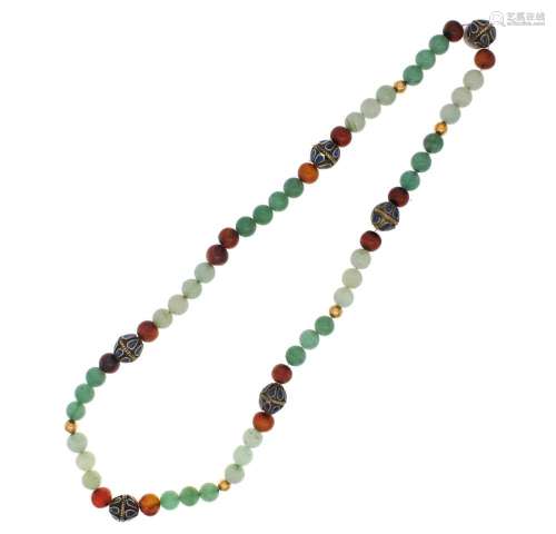 two long pearl and hardstone necklaces