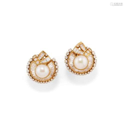 pair of diamond and cultured pearl earclips