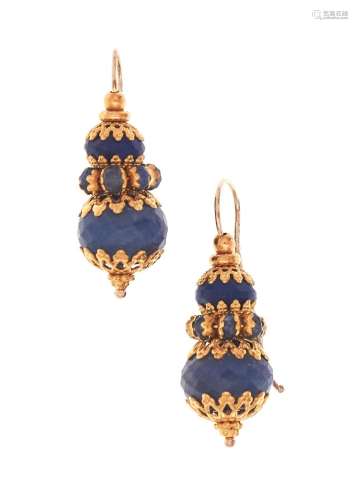 pair of blue sapphire pendent earrings
