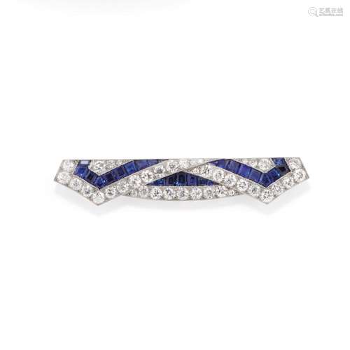 Diamond and blue sapphire bar brooch