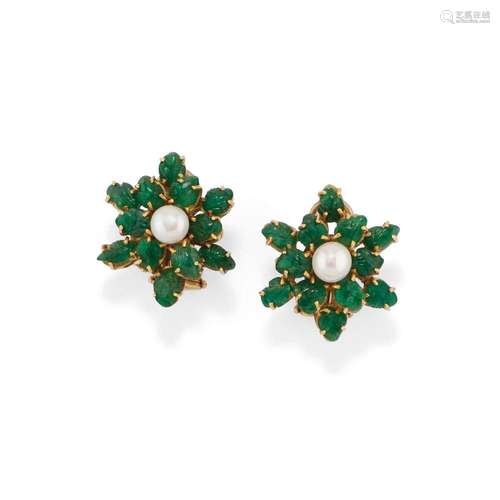 Pair of emerald and pearl ear clips