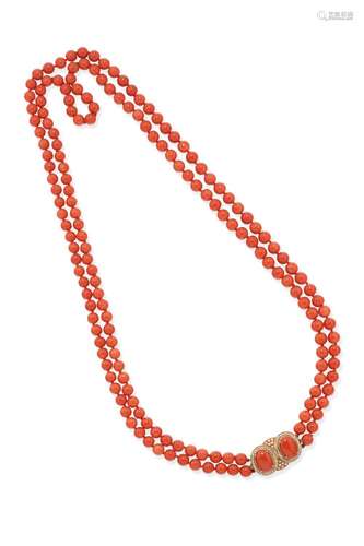 Red coral and diamond long necklace