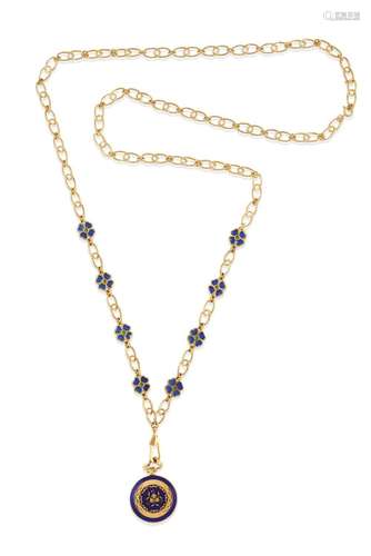 gold and enamel long necklace with pendant