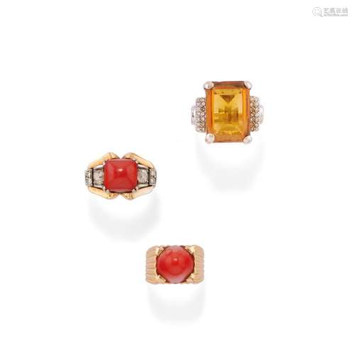 Three 18k gold and gem-set rings