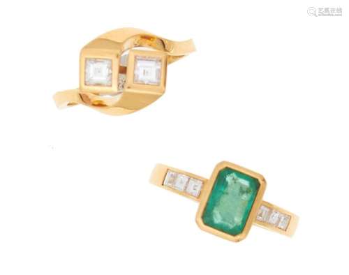 two 18k yellow gold and gem-set rings