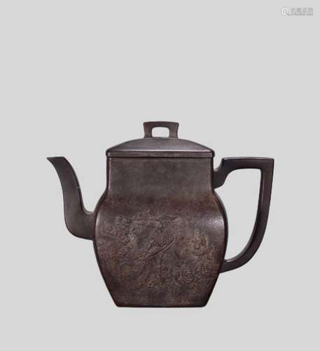 Raw ore purple sand heap carved peony and phoenix teapot