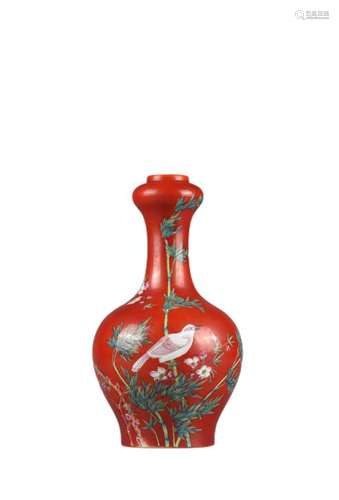 Red glazed flower and bird bottle