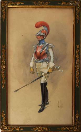 Louis VALLET (1856-1940). Soldat de l'Empire en pied. Aquare...