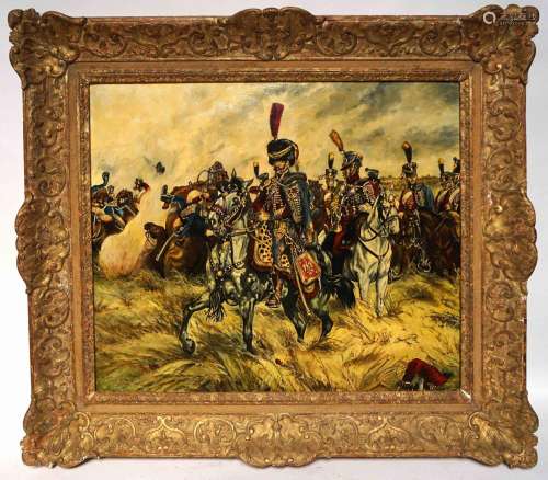 MARFAING, XXe Hussards sur le champ de bataille. Huile sur t...