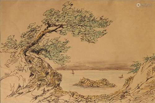 Pierre LETUAIRE (1798-1884) Bord de mer. Encre et crayon de ...