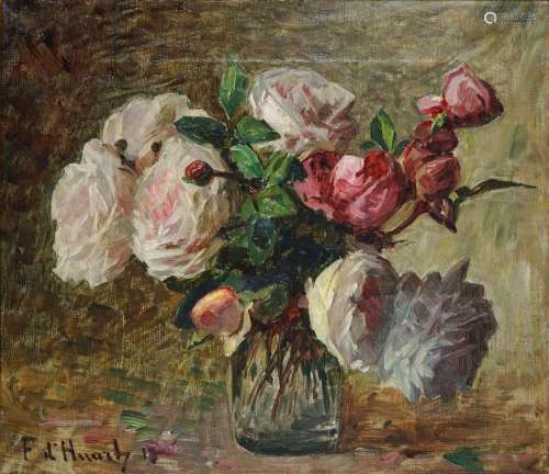 Ferdinand D'HUART (1859-1919) Bouquet de roses blanches et r...