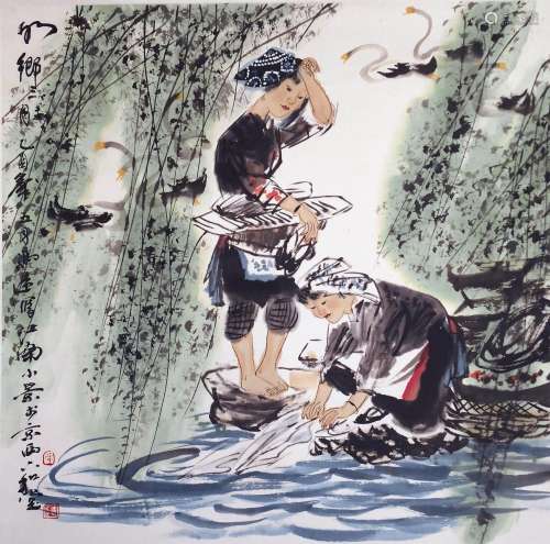 CHINESE SCROLL PAINTING OF GIRLS BY RIVER ARTIST UNKNOWN