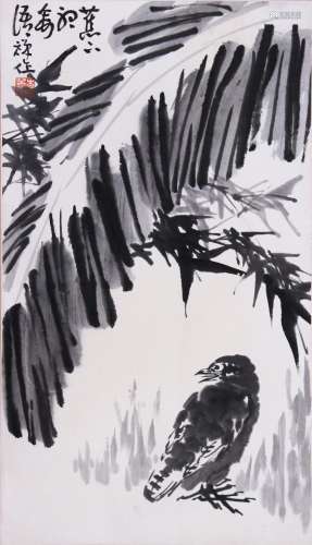 CHINESE SCROLL PAINTING OF BIRD UNDER LEAF SIGNED BY LI KUCH...