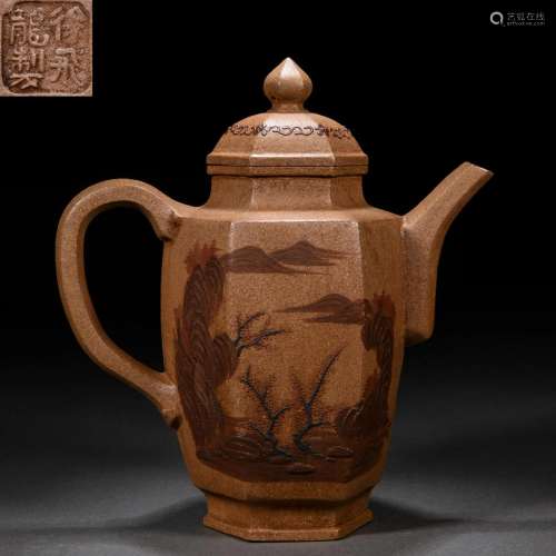 A Chinese Yixing Glaze Hexagonal Landscape Teapot