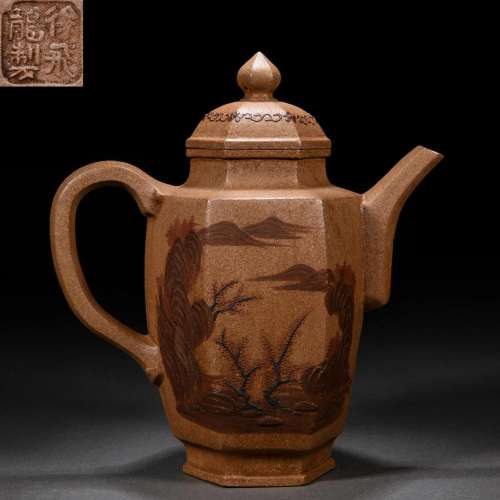 A Chinese Yixing Glaze Hexagonal Landscape Teapot