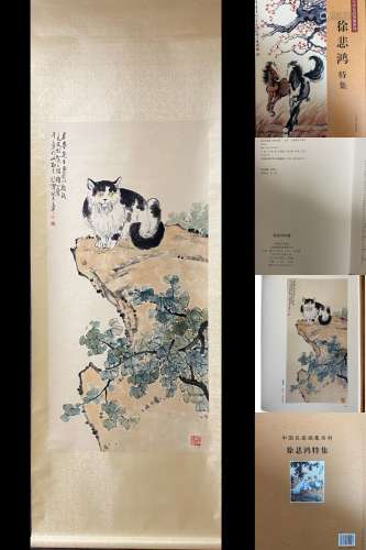 A Vertical-hanging Cat Fun Chinese Ink Painting by Xv Beihon...