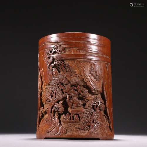Bamboo Carved  Landscape Character Brush Pot