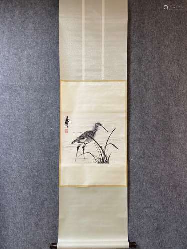 A Vertical-hanging Crane Chinese Ink Painting by Huang Zhou