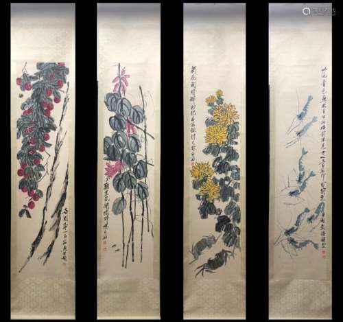 A Flowers Screen of Four Pieces by Qi Baishi