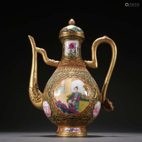 Famille Rose Painted Gold Character Story Wine Pot