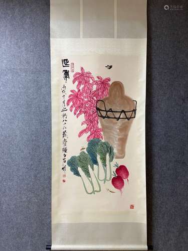 A Vertical-hanging Flower Chinese Ink Painting by Qi Baishi