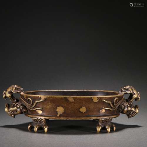 Copper Inlaid with Gold Two-beast Handle Censer