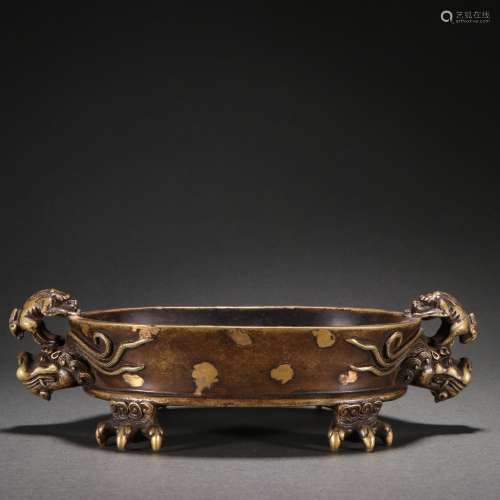 Copper Inlaid with Gold Two-beast Handle Censer