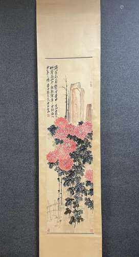 A Vertical-hanging Chrysanthemum Chinese Ink Painting by Qi ...