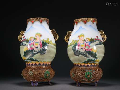 A Pair of Enamel Gilt Silver Bottles with Western Figures
