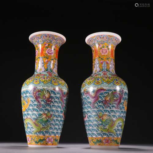 A Pair of Pebble Enamel Five Dragons Pattern Vases