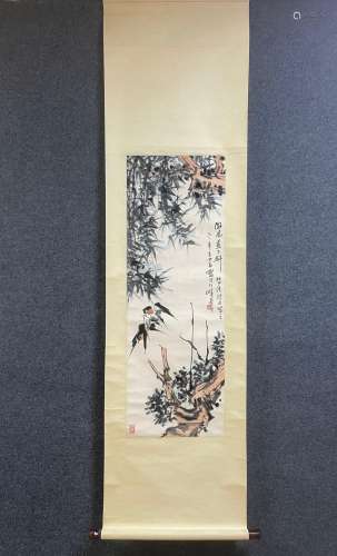 A Vertical-hanging Bird Chinese Ink Painting by Pan Tianshou
