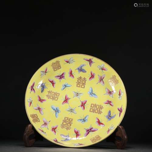 Yellow-glazed Butterfly and Flower Pattern Plate