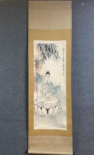 A Vertical-hanging Guanyin Chinese Ink Painting by Xv Beihon...
