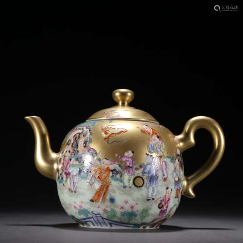 Famille Rose Painted Gold Kid Playing Painting Teapot