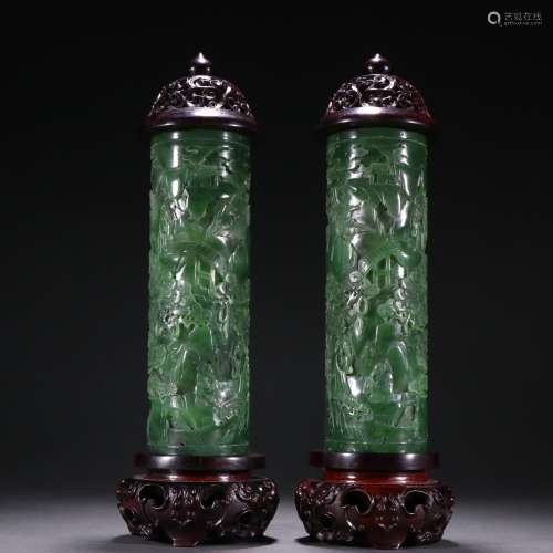 A Pair of Jade Carving Landscape and Figures Incense Caniste...
