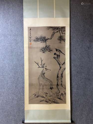A Vertical-hanging Deer Chinese Ink Painting by Zhu Da