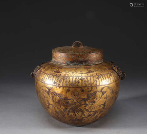 古代 措金青銅蓋罐