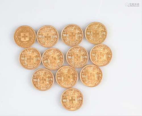 Lot de 12 pièces en or de 20 frs SuissePoids: 77 gRégion: Su...