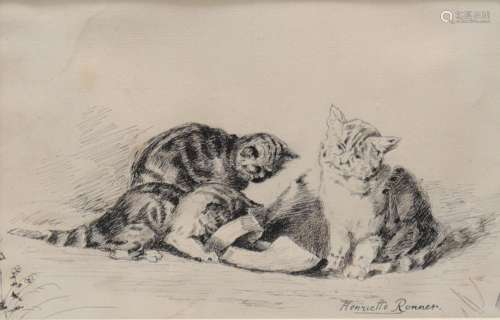 Henriette RONNER (1821-1909) Dessin "les chattons"...