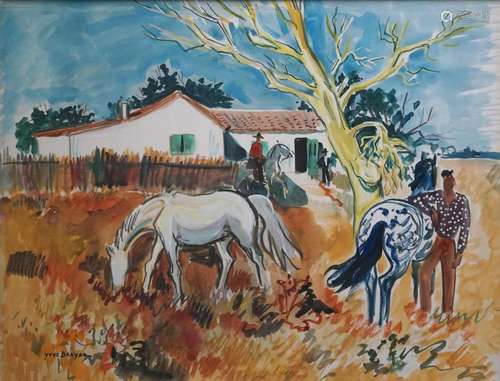 Yves BRAYER (1907-1990) Chevaux en Camargue devant le mas. A...