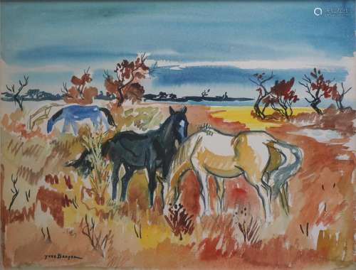 Yves BRAYER (1907-1990) Chevaux en Camargue. Aquarelle signé...