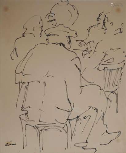 Jean ARENE (1929-2020) La partie de belote. Encre sur papier...