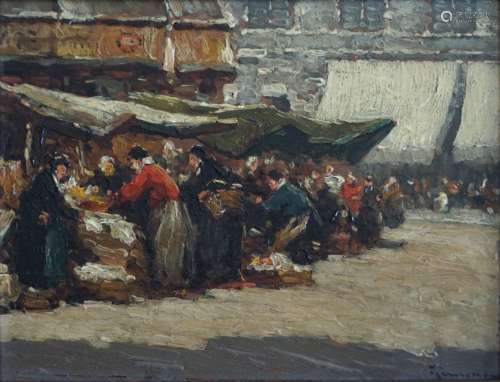 Andres GIMENO. (1879-?) Scène de marché. Huile sur panneau s...