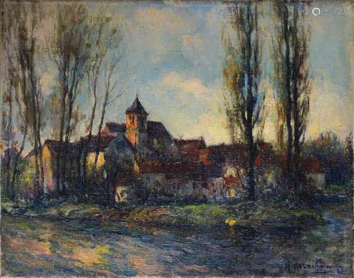 Michel KOROCHANSKY (1866-1925). Village en bord de rivière. ...